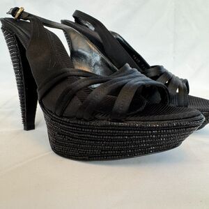 Sergio Rossi Women's Black Beaded Platform Slingback Heels Size 39.5 US 9.5